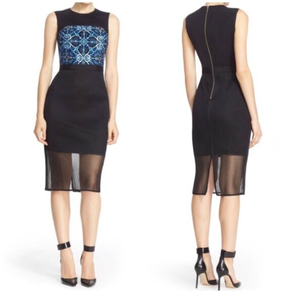 Ted Baker Khya Embroidered Mesh Midi Dress Size 2 US 6 Black Blue Cocktail Party - Picture 1 of 13
